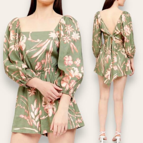 TANYA TAYLOR ROMPER XL LINEN COTTON FLORAL STEVIE GREEN PINK OUFF SLEEVE BOW TIE - Picture 1 of 8